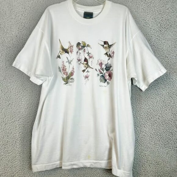 Vintage 90s Hummingbird Bird Nature Flowers Art White T-Shirt XL Robert Allan - Picture 1 of 4